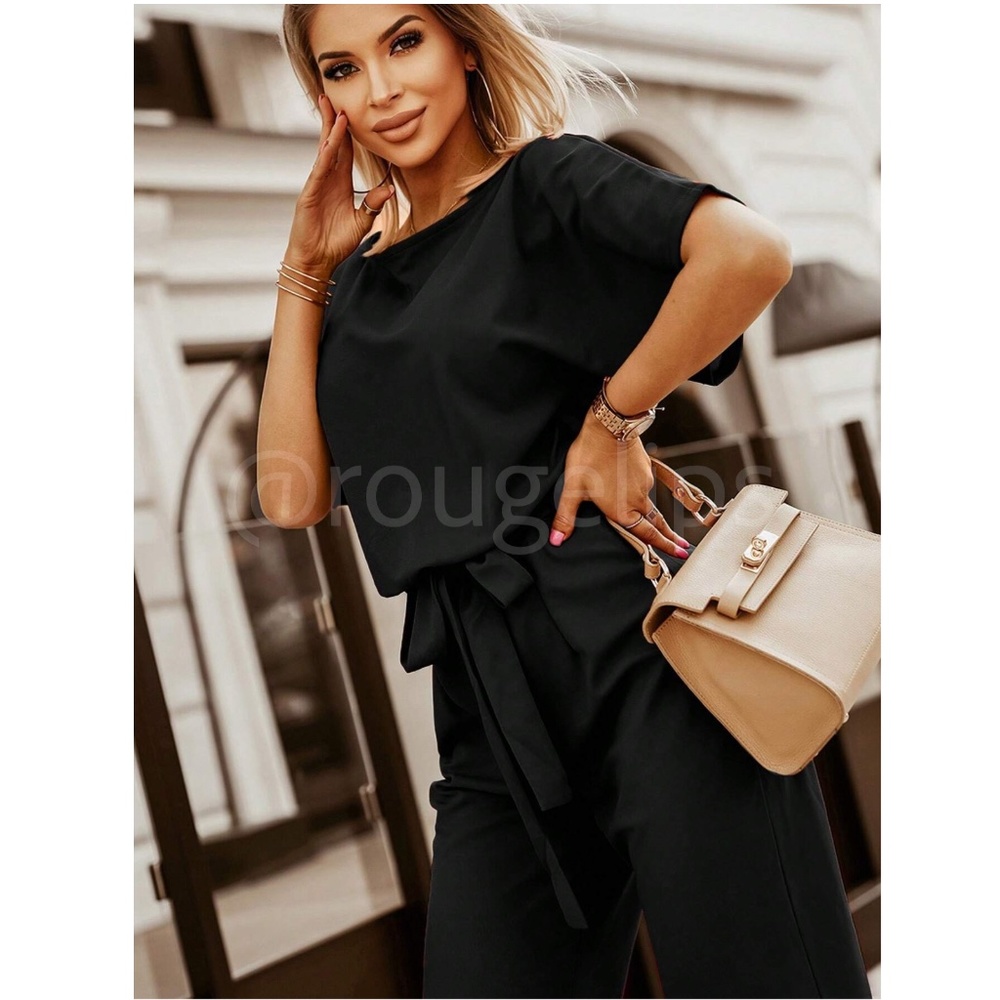 Black Jumpsuit Tie Belt Straight Leg Business Casual Short Sleeve - Picture 4 of 8